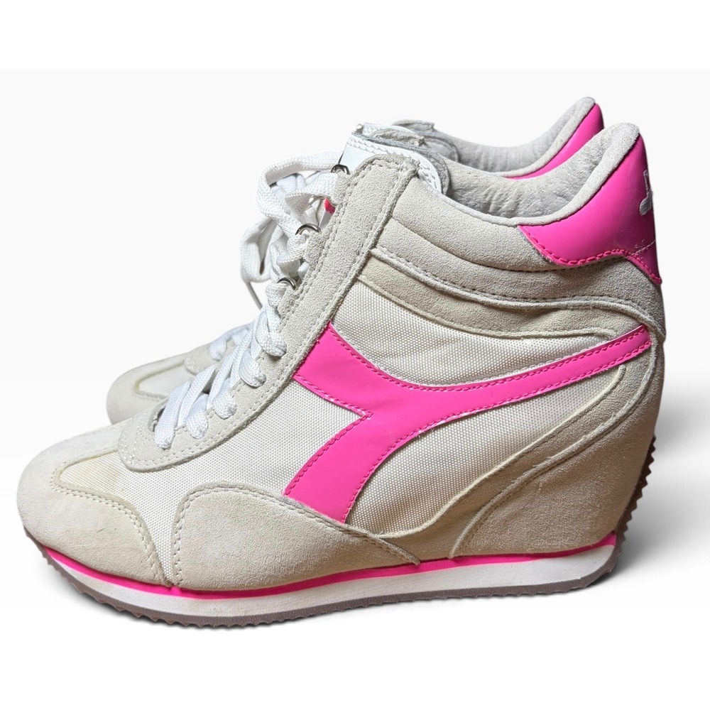 Diadora Heritage 1975 Women's Wedge Sneakers Grey Neon Pink High Top Shoes
